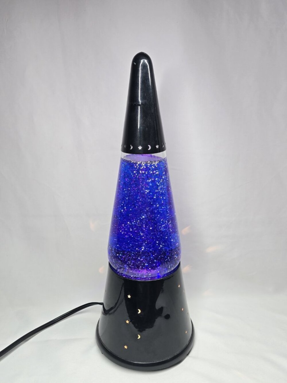 Vintage Lava Lite Lamp Wizard Blue/Purple Liquid Glitter Black Base RARE